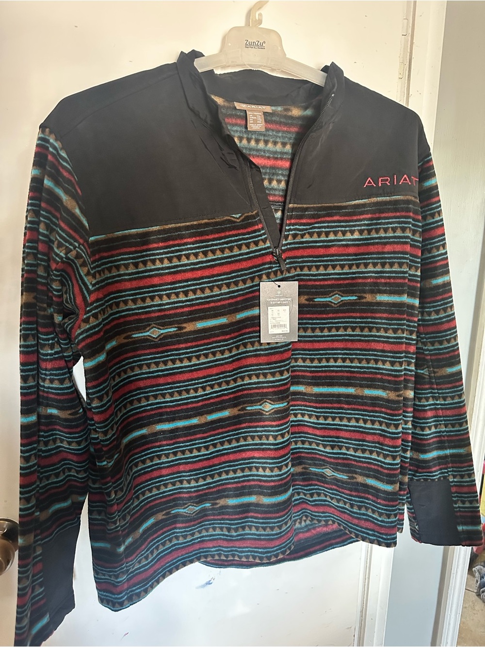 Ariat Black Pullover with Teal and Red Southwestern Stripes